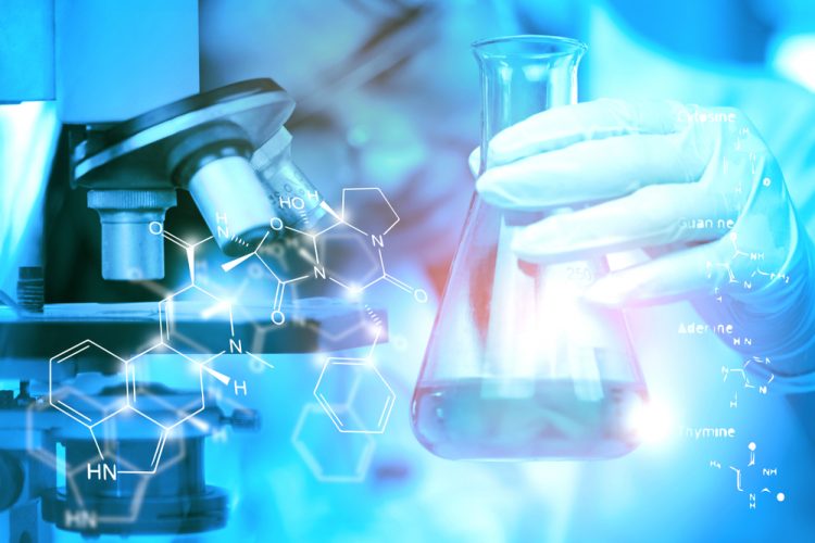 microscope and conical flask overlaid with molecular structures - idea of drug research/discovery/development