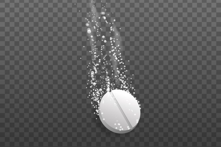 Illustration of a white pill disintegrating with a trail of particles behind it on a grey background