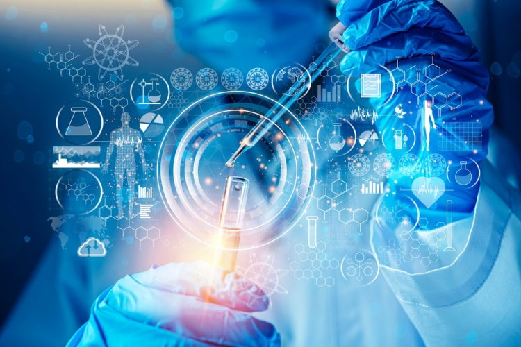 Generic drug developmetn or pharmaceutical research concept image, with holograms of data surrounding a scientist pipetting liquid into a test tube