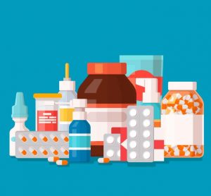 Pharmaceutical illustration of medical bottles and pills on blue background.