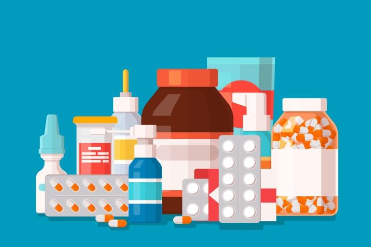 Pharmaceutical illustration of medical bottles and pills on blue background.