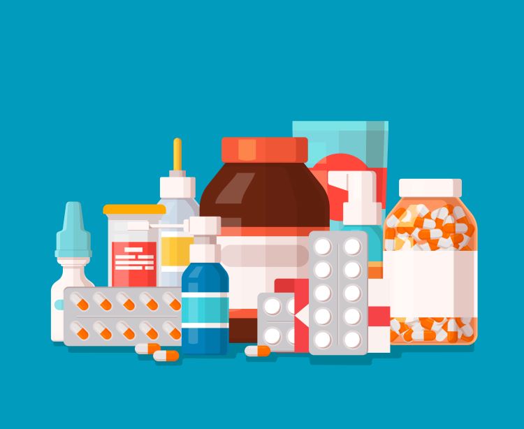 Pharmaceutical illustration of medical bottles and pills on blue background.