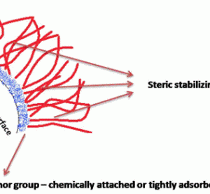 Figure 1 Schematic illustration of a particle stabilised by a steric stabiliser. Note that it has been reported that both the degree of adsorption and the density / thickness of the steric barrier are essential factors to mitigate freezing and drying stresses