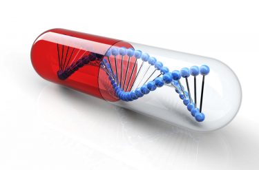 Red and white capsule with a DNA strand in it - idea of gene therapies