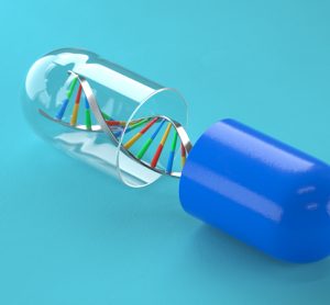 blue and clear capsule with a silver DNA stand inside - idea of gene therapy