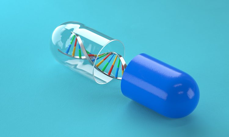 blue and transparent capsule with silver dna carrier inside - gene therapy idea