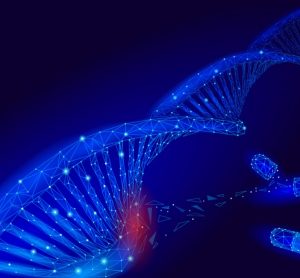 Glowing blue DNA strand with a section highlighted in red with medication going towards it - idea of gene therapy