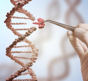 Gene therapy concept - hand using tweezers to insert a new DNA segment into a larger DNA strand