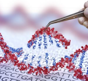 Hand holding forceps and inserting a section of DNA into an existing DNA strand - idea of genetic engineering or gene therapy