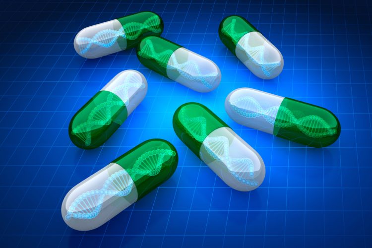 3D illustration of Pills with DNA strands inside - idea of gene therapies