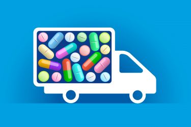 generic medicine supply concept with a truck filled with colourful pills