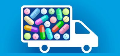 generic medicine supply concept with a truck filled with colourful pills