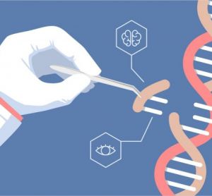 concept of genome editing - cartoon of a hand using forceps to insert a DNA segment into a larger DNA strand