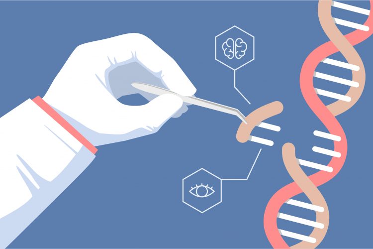 concept of genome editing - cartoon of a hand using forceps to insert a DNA segment into a larger DNA strand