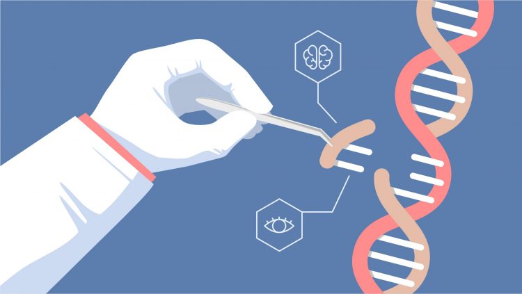 concept of genome editing - cartoon of a hand using forceps to insert a DNA segment into a larger DNA strand