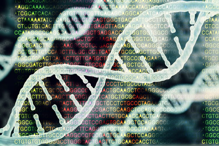 DNA strands in front of coloured letters referencing bases in the genetic code