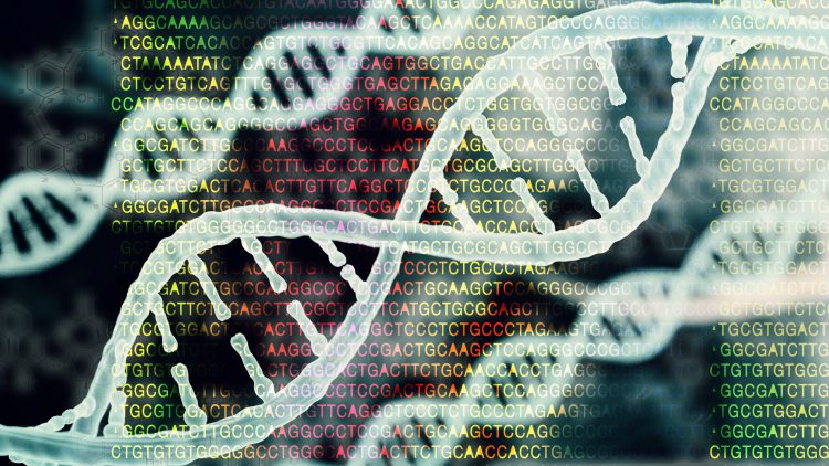 DNA strands in front of coloured letters referencing bases in the genetic code