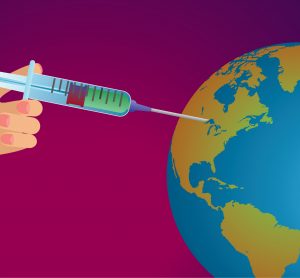 cartoon of a hand holding a syringe with the end inserted into a globe - idea of global COVID-19 vaccine distribution