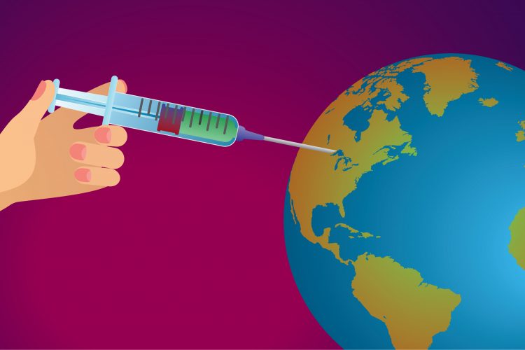 cartoon of a hand holding a syringe with the end inserted into a globe - idea of global COVID-19 vaccine distribution