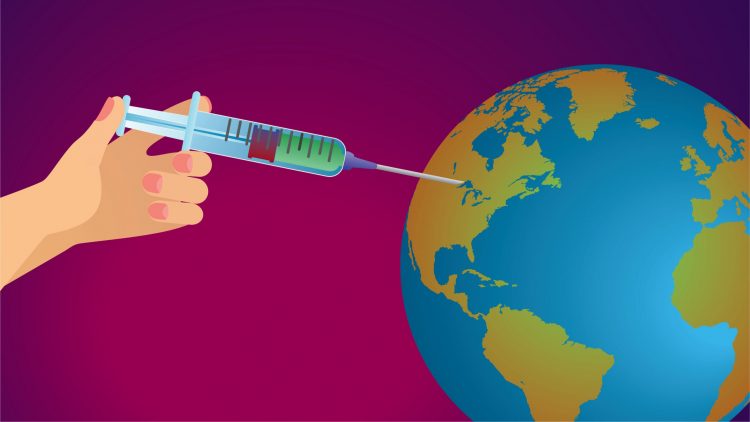 cartoon of a hand holding a syringe with the end inserted into a globe - idea of global COVID-19 vaccine distribution