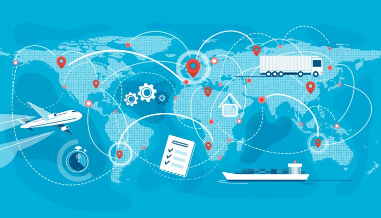 Global supply chain/logistics/distribution concept with world map covered in aeroplanes, boats and trucks as well as lines connecting countries indicating transport routes