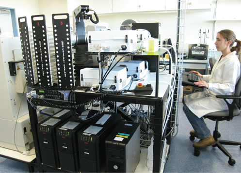 Figure 3: The automated plate preparation platform for HCS at the Lead Finding Platform, Basel comprised of four reagent pipettors, two plate washers, two incubators, one plate sealer, one 4°C incubator, one 37°C incubator and one robotic arm.