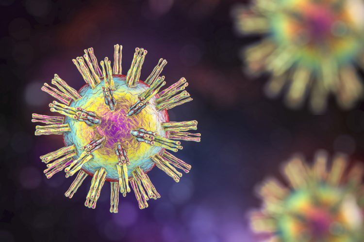 3D illustration of multicoloured herpes simplex viruses on a dark background