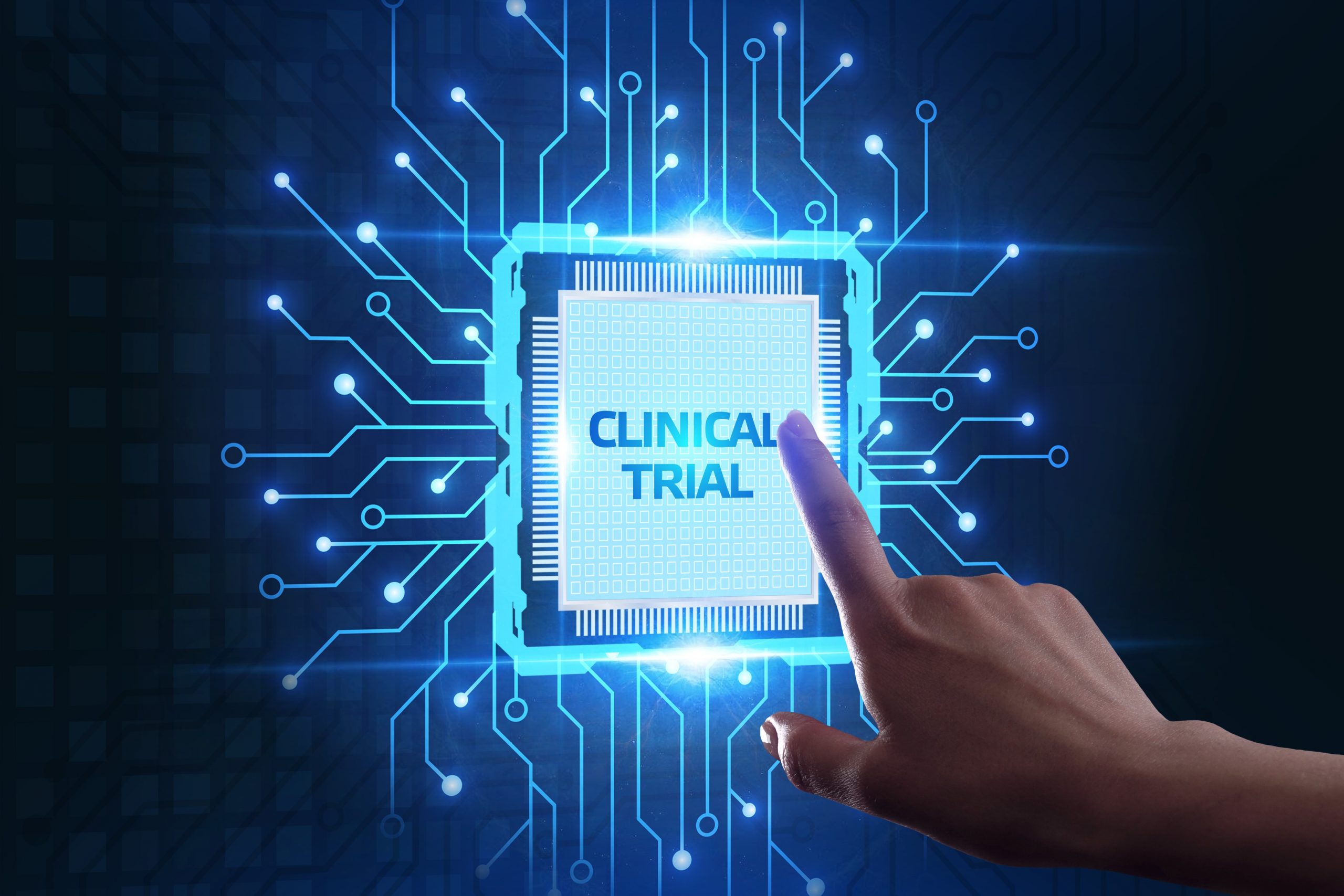 3D illustration of a glowing computer chip labelled clinical trial - idea of in silico or virtual trials