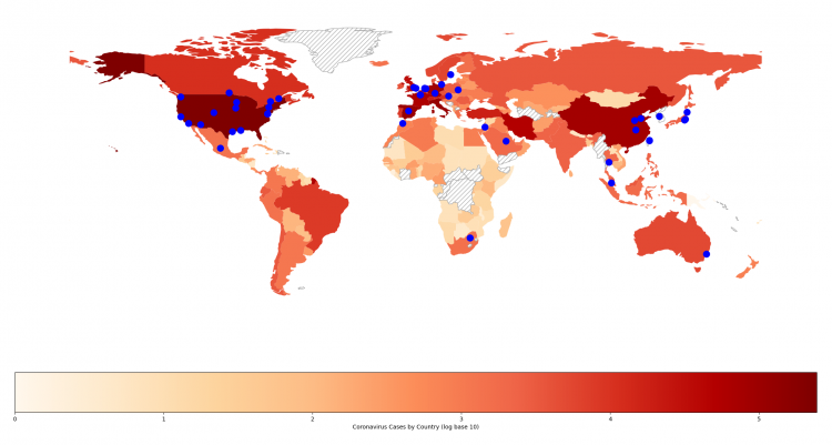 A map of the number of cases of COVID-19. The main institutions (blue dots), who have worked on coronavirus as of 3 April 2020 [Credit: techspert.io].