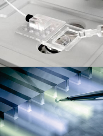 Figure 1: The Dynaflow System from Cellectricon enables classical patch-clamping at accelerated throughput and at high quality & accuracy. The recording pipette is moved in front of a microfluidic chip delivering specific drug solutions to a patch-clamped cell. Switching of solution channels occurs in the ms range, ideally suited for the analysis of ligand-gated channels, but also HERG potassium channels in ICH-driven GLP studies.