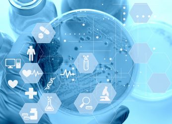 blue hexagonal icons for various areas of laboratory processing including microscope and test tube and research and discovery magnifying glass