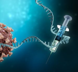 idea of mRNA vaccine development - vaccine and a SARS-CoV-2 virus wrapped by an mRNA strand