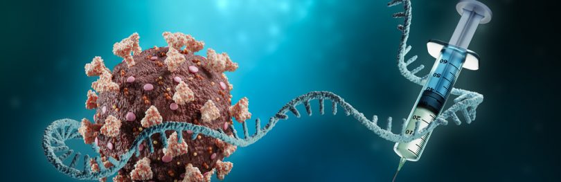 idea of mRNA vaccine development - vaccine and a SARS-CoV-2 virus wrapped by an mRNA strand