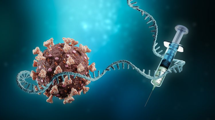 idea of mRNA vaccine development - vaccine and a SARS-CoV-2 virus wrapped by an mRNA strand