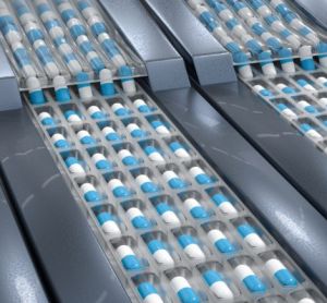 3D illustration of blue and white capsules on a production line - idea of pharmaceutical/medicine manufacturing or supply