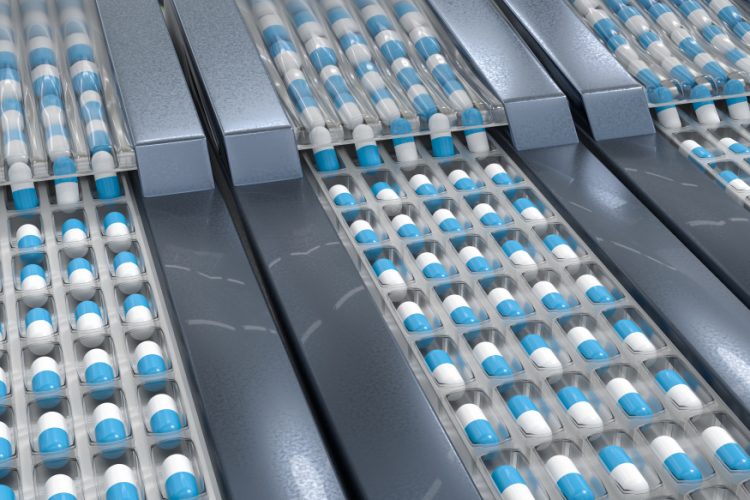 3D illustration of blue and white capsules on a production line - idea of pharmaceutical/medicine manufacturing or supply
