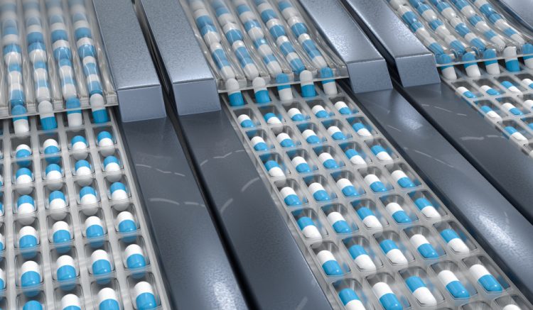 3D illustration of blue and white capsules on a production line - idea of pharmaceutical/medicine manufacturing or supply
