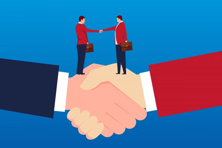 mergers and acquisitions concept - graphic of two business people shaking hands