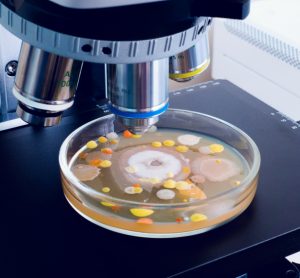 A petri dish with multi-colored colonies of bacteria lies on a microscope slide.