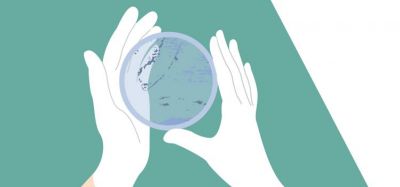 Cartoon of scientist's hand in glove holding an agar plate with colonies of microbes on it