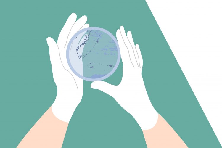 Cartoon of scientist's hand in glove holding an agar plate with colonies of microbes on it