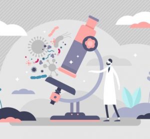 Microscopy concept illustration - large microscope with a small scientist and microbes surrounding it