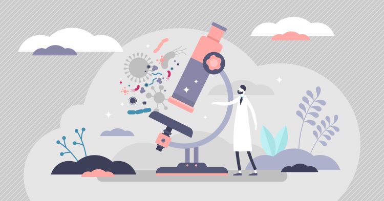 Microscopy concept illustration - large microscope with a small scientist and microbes surrounding it
