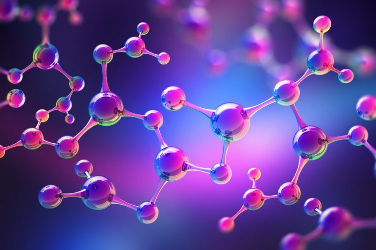 3D illustration of a molecule model in neon light - idea of molecular characterisation using spectroscopy