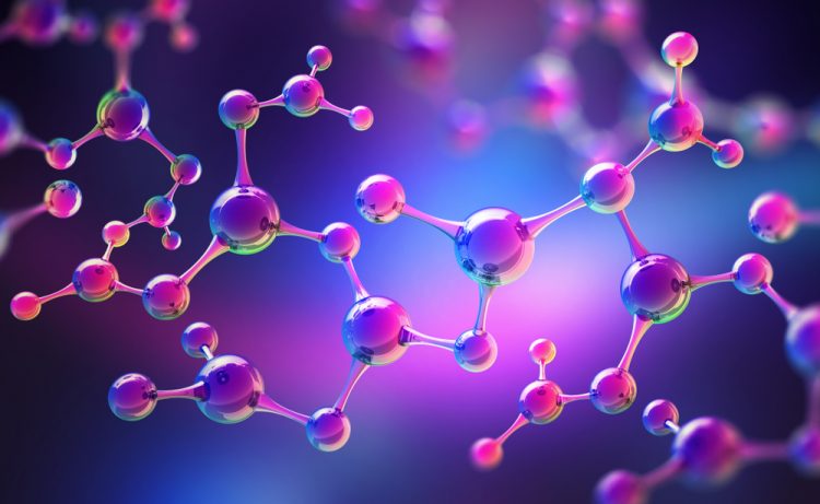 3D illustration of a molecule model in neon light - idea of molecular characterisation using spectroscopy