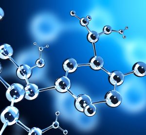 Abstract molecular structure on a blue background - idea of molecular spectroscopy (such as Raman) for the identification of molecular structure