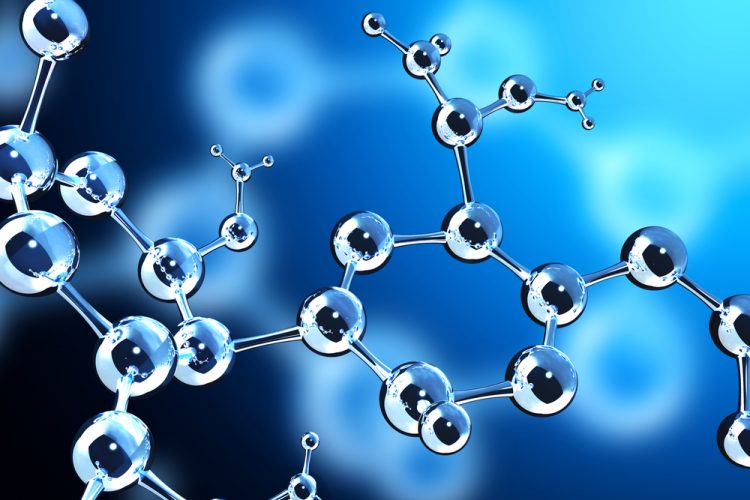 Abstract molecular structure on a blue background - idea of molecular spectroscopy (such as Raman) for the identification of molecular structure
