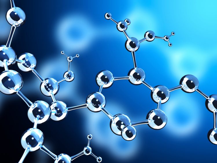 Abstract molecular structure on a blue background - idea of molecular spectroscopy (such as Raman) for the identification of molecular structure