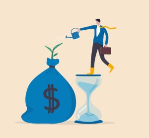 Illustration of person standing on sand timer filling bag of money