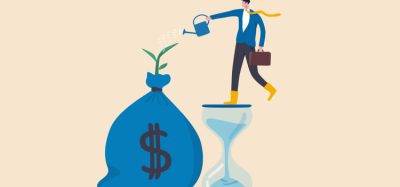 Illustration of person standing on sand timer filling bag of money